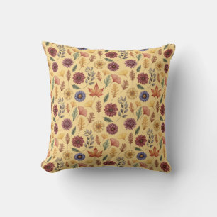 Autumn Fall Leaves and Flowers Pattern Throw Pillow