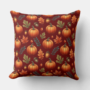 Autumn Fall Leaves And Pumpkin Seamless Pattern Throw Pillow