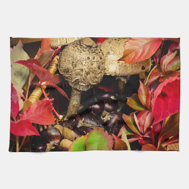 Autumn Fall leaves, chestnuts mushrooms photo Kitchen Towel (Horizontal)