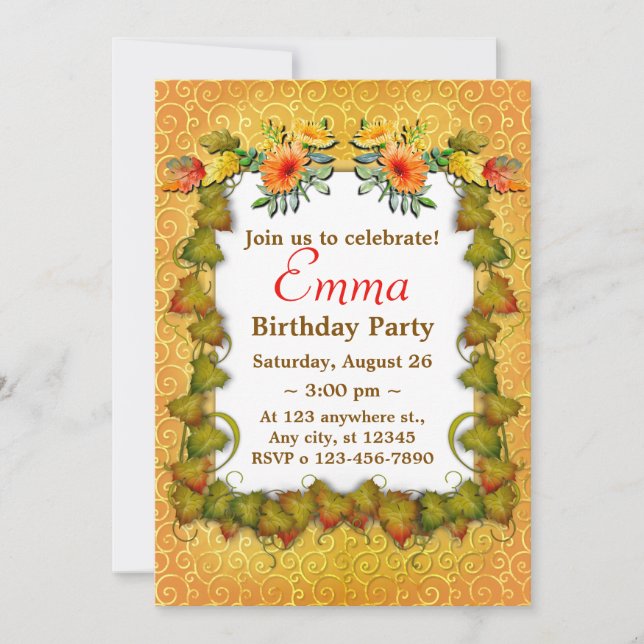Autumn Fall Leaves Cute Modern Birthday Invitation (Front)