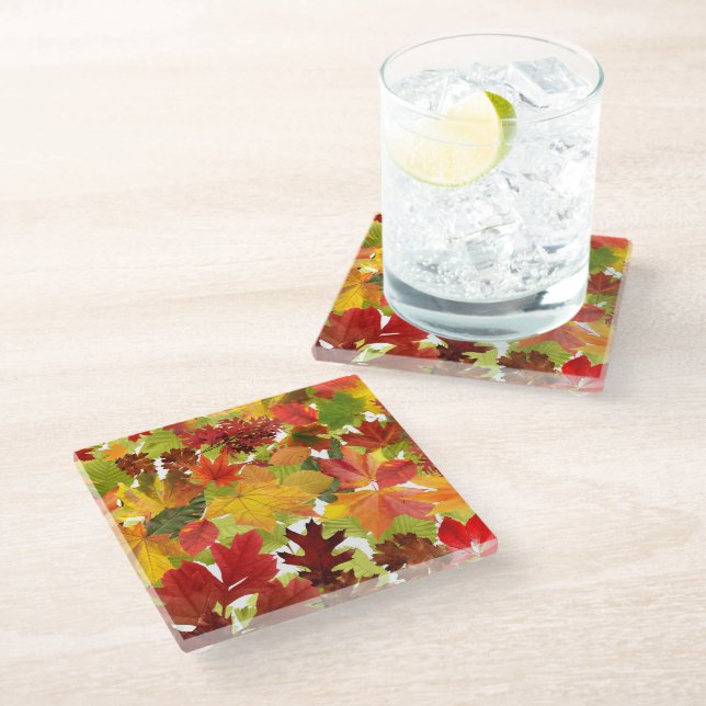 Autumn Fall Leaves Glass Coaster (Angled)