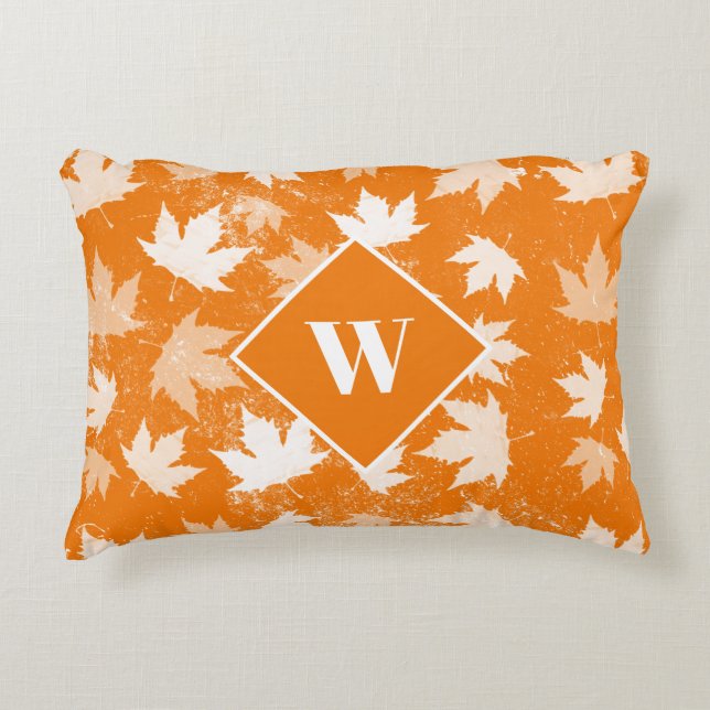 Autumn Fall Leaves Pattern Monogram Accent Pillow (Front)