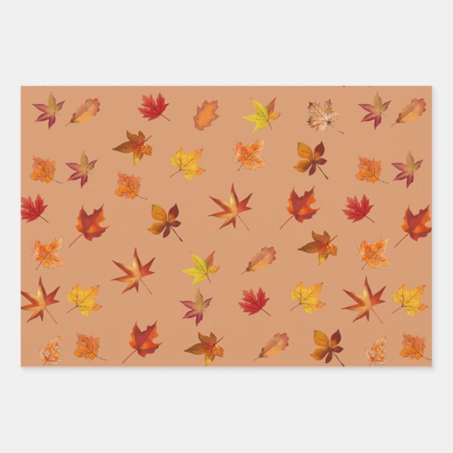 Autumn Fall leaves Pattern with 3 colour backgroun Wrapping Paper Sheet (Front)