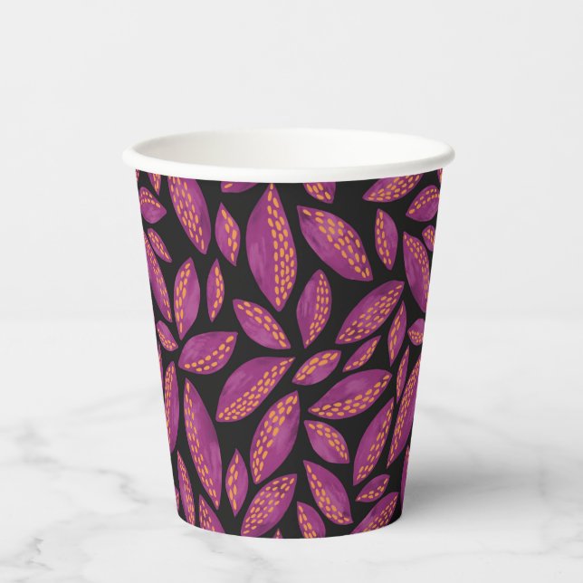 Autumn Fall Leaves Purple & Black Pattern Paper Cups (Front)