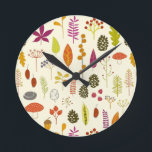 Autumn Fall Leaves Round Clock<br><div class="desc">Autumn leaves,  berries,  acorns and pine cone pattern. Change the background colour to customize.  Original art by Nic Squirrell.</div>