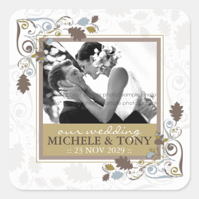 Autumn Fall Leaves Swirls Wedding Photo Sticker (Front)
