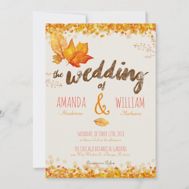 Autumn Fall Leaves Watercolor Wedding Invitation (Front)