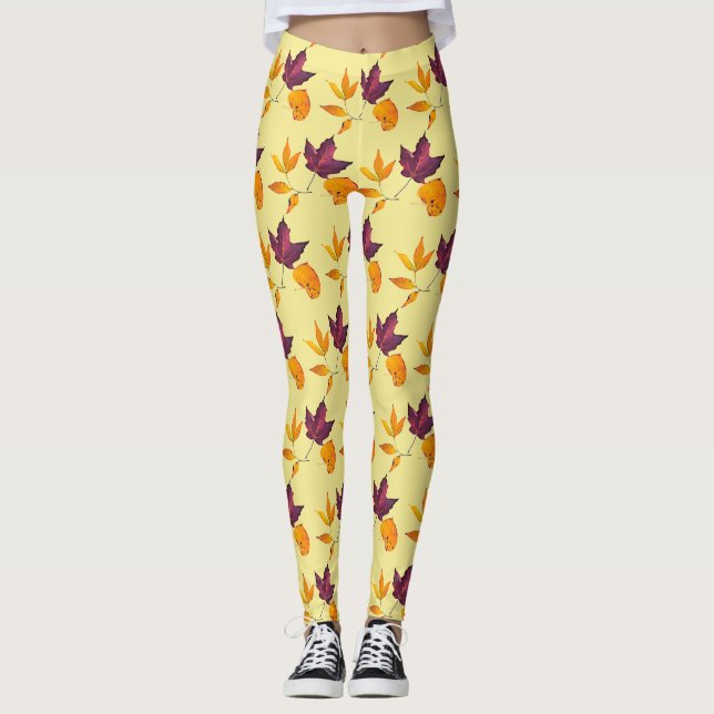 Autumn Fall Leaves Yellow Mauve Burgundy and White Leggings (Front)