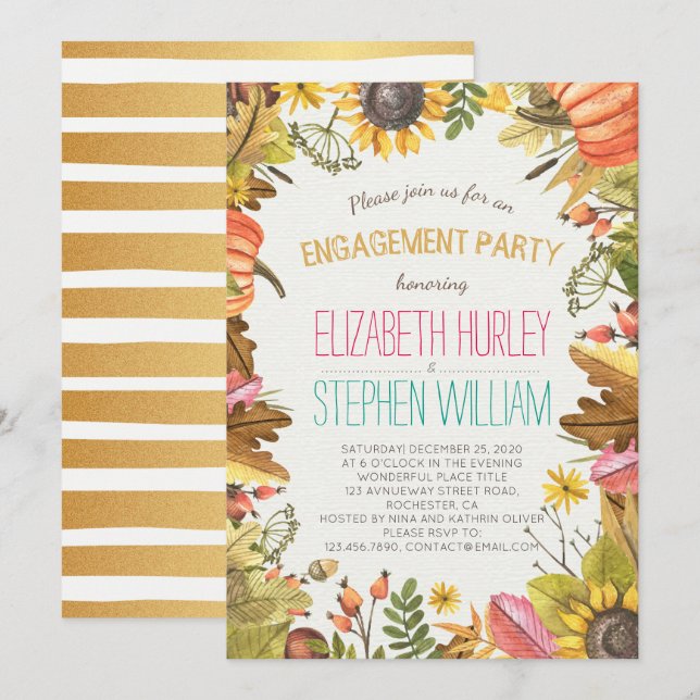 Autumn Fall Maple Leaves Pumpkin Engagement Party Invitation (Front/Back)