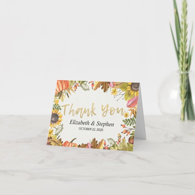Autumn Fall Maple Leaves Pumpkin Wedding Thank You (Front)