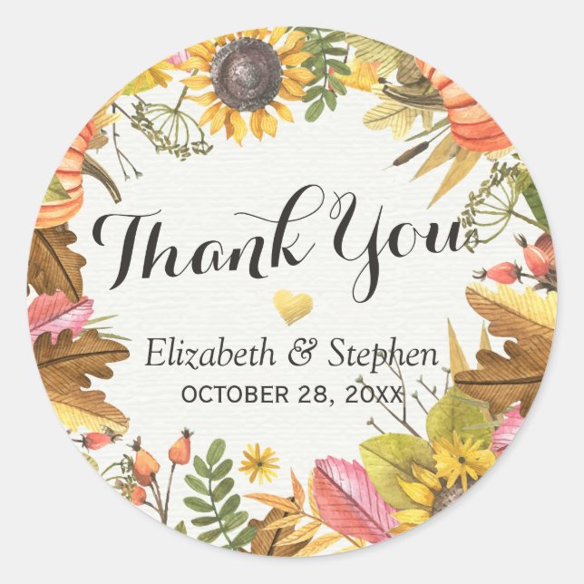 Autumn Fall Maple Leaves Pumpkin Wedding Thank You Classic Round Sticker (Front)