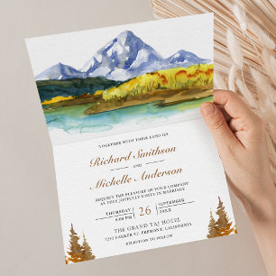 Autumn Fall Mountain Forest Lake QR Code Wedding Invitation