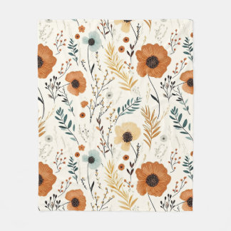 Autumn Fall Orange Floral Pattern Fleece Blanket