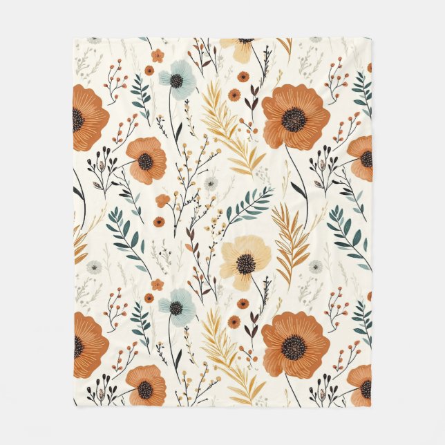 Autumn Fall Orange Floral Pattern Fleece Blanket (Front)