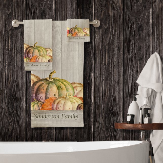 Autumn Fall Orange Pumpkin Rustic Cute Wood Bath T Towel Set (Creator Uploaded)