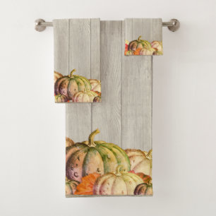 Autumn Fall Orange Pumpkin Rustic Cute Wood Bath  Towel Set