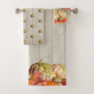 Autumn Fall Orange Pumpkin Rustic Cute Wood Bath Towel Set