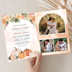 Autumn Fall Pumpkin Floral Photo QR Code Wedding Invitation