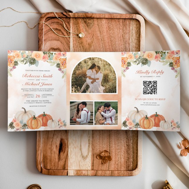 Autumn Fall Pumpkin Floral Photo QR Code Wedding Tri-Fold Invitation (Creator Uploaded)