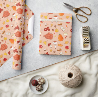 Autumn Fall Pumpkin Mushroom Sweater Tea Leaves Wrapping Paper