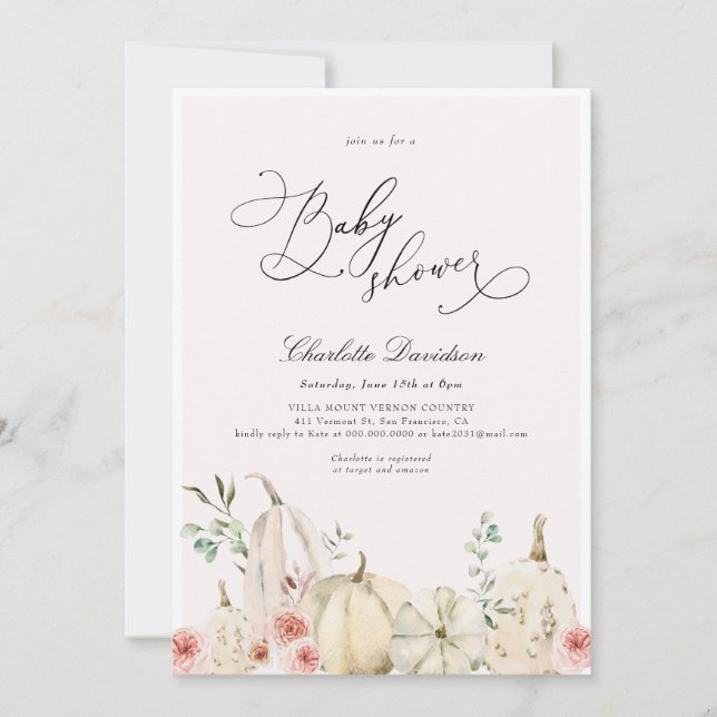Autumn Fall Pumpkin Pink Soft Girl Baby Shower Invitation (Front)