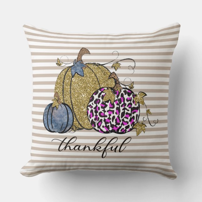 Autumn/Fall Pumpkin Taupe Stripe Pillow  (Front)