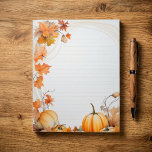 Autumn / Fall pumpkins and leaves lined note pad<br><div class="desc">This autumn themed lined notepad features a beautiful border of hand painted style pumpkins and swirling fall leaves in warm shades of orange. The evenly lined paper, in a soft orange hue, provides the perfect backdrop for letter writing, note taking, or organizing to do lists with seasonal flair. Ideal for...</div>
