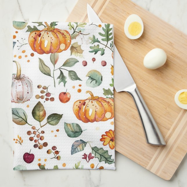 Autumn Fall Pumpkins & Leaves Kitchen | Holiiday Towel (Quarter Fold)