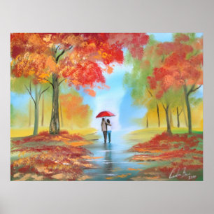 Autumn fall rainy day romantic walk couple poster