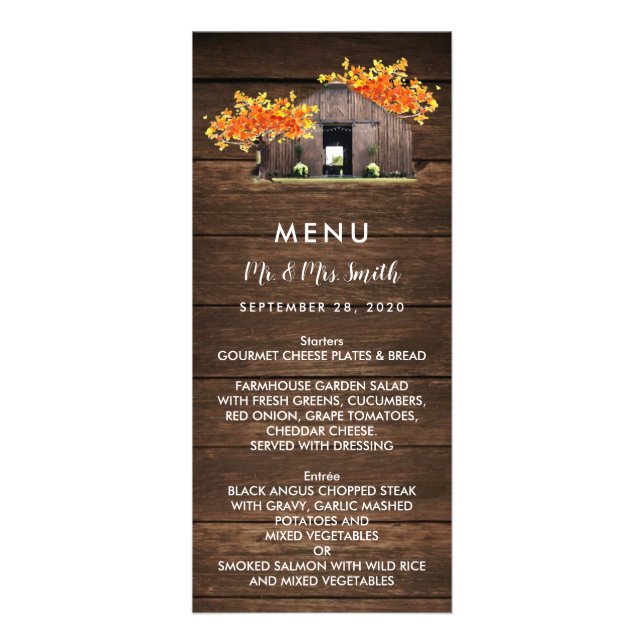 Autumn Fall Rustic Barn Wedding Menu Card (Front)