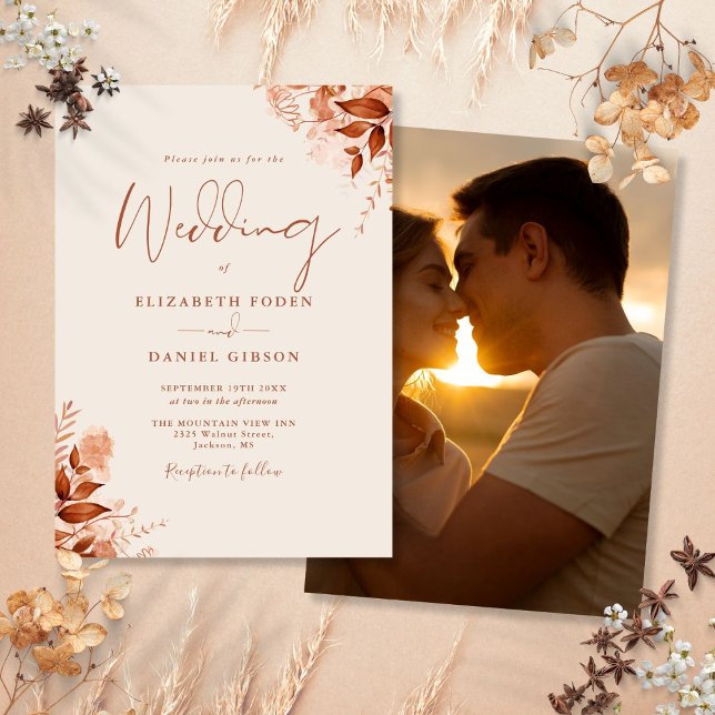 Autumn Fall Rustic Floral Photo Terracotta Wedding Invitation (Autumn Fall Rustic Floral Photo Terracotta Wedding Invitation)