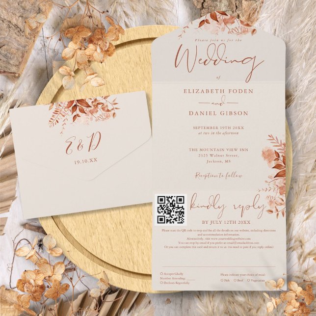 Autumn Fall Rustic Floral QR Code Wedding All In One Invitation (Autumn Fall Rustic Floral QR Code Wedding All In One Invitation)