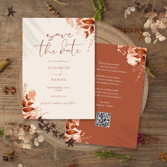 Autumn Fall Rustic Floral QR Code Wedding Save The Date (Autumn Fall Rustic Floral QR Code Wedding Save The Date)