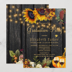Autumn fall rustic floral wood graduation party invitation