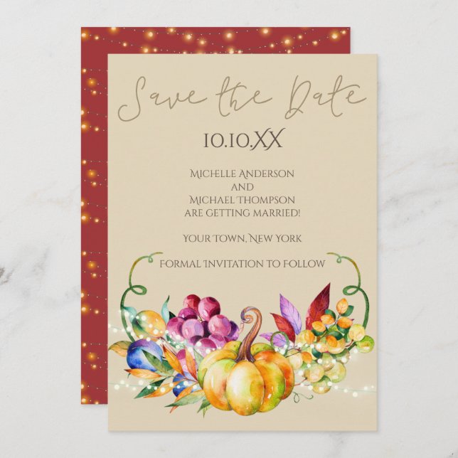 Autumn Fall Rustic Wine Lights Save the Date Invitation (Front/Back)