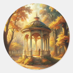Autumn Fall Scene With Gazebo Classic Round Sticker
