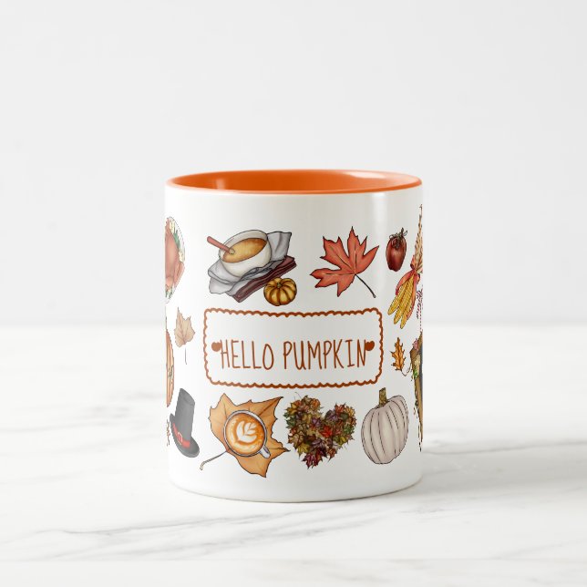 Autumn Fall Seasonal Thanksgiving Hello Pumpkin Two-Tone Coffee Mug (Center)