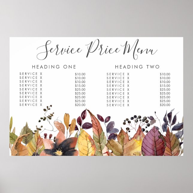 Autumn Fall Service Price Menu Custom Printed Poster (Front)