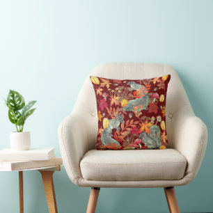 Autumn Fall Squirrel Leaf Mushroom Acorn Burgundy Throw Pillow