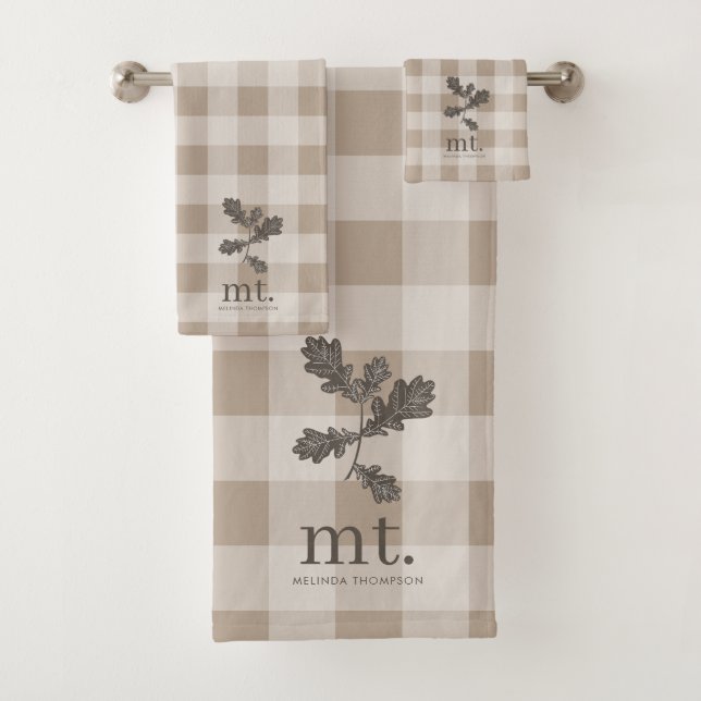 Autumn Fall Taupe Plaid Modern Foliage Monogram Bath Towel Set (Insitu)
