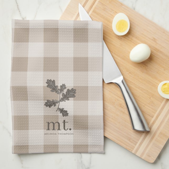 Autumn Fall Taupe Plaid Modern Foliage Monogram Kitchen Towel (Quarter Fold)