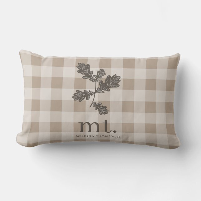 Autumn Fall Taupe Plaid Modern Foliage Monogram Lumbar Pillow (Front)