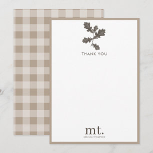 Autumn Fall Taupe Plaid Modern Foliage Monogram Thank You Card