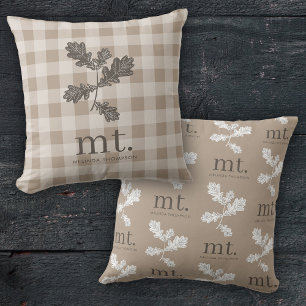 Autumn Fall Taupe Plaid Modern Monogram Initials  Throw Pillow