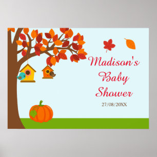 Autumn Fall Tree and Cute Birds Baby Shower Poster