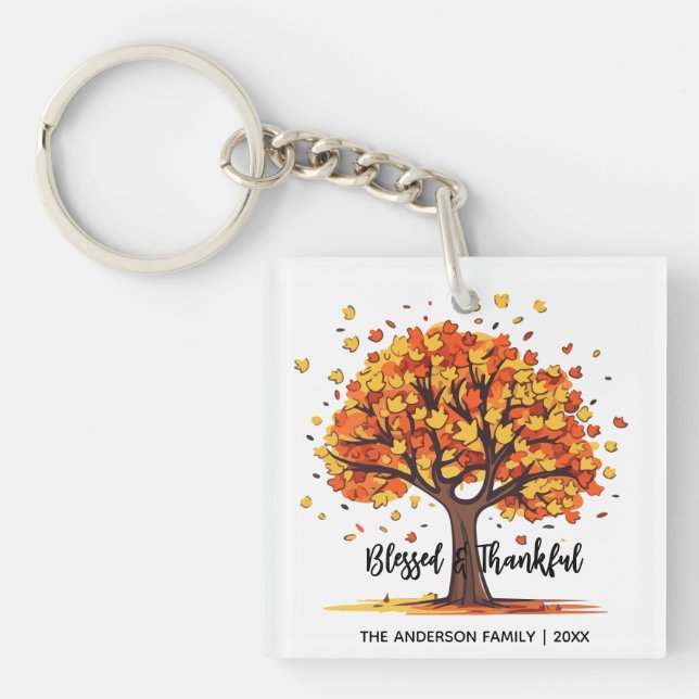 Autumn Fall Tree Happy Thanksgiving Blessed Keychain (Front)