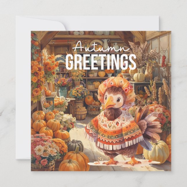 Autumn Fall Turkey is at Florist Shop Thanksgiving Holiday Card (Front)