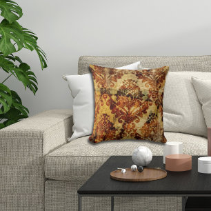 Autumn Fall Vintage Rustic Orange Brown Damask Throw Pillow
