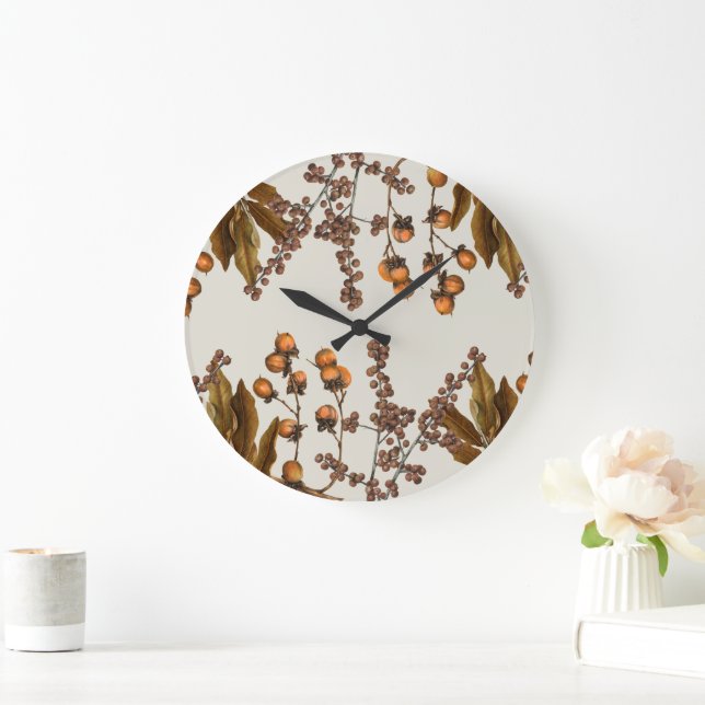 Autumn Fall Watercolor Foliage Leaves  Large Clock (Home)