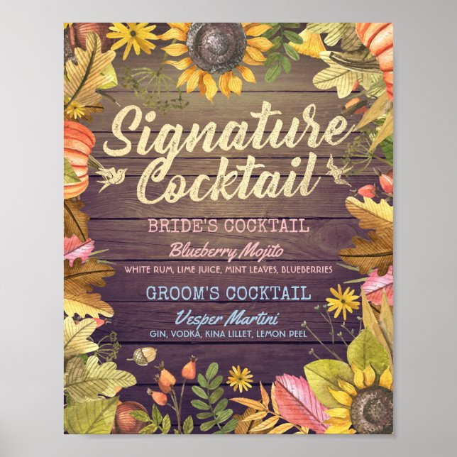 Autumn Fall Wedding Signature Cocktail Drink Menu Poster (Front)